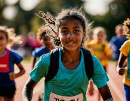 foto de niña niños corriendo carrera deporte a escuela, generativo ai