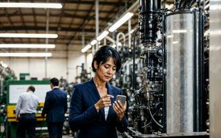 photo of working entrepreneur woman at factory with machine and worker, generative AI