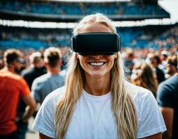 foto de hermosa mujer con vr lentes auriculares a estadio deporte arena, generativo ai