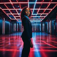photo of smart african woman with business suit at neon mxied red and blue light sci fi background, generative AI
