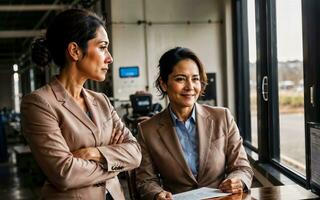 photo of working entrepreneur woman at factory with machine and worker, generative AI