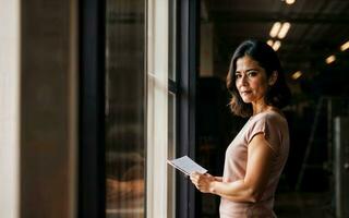 photo of working entrepreneur woman at factory with machine and worker, generative AI