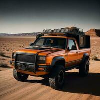 photo of truck in hot sand desert, generative AI