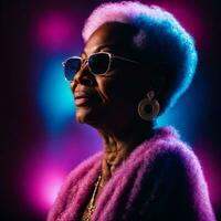 photo of middle aged old African woman with with mixed pink and blue neon light, generative AI