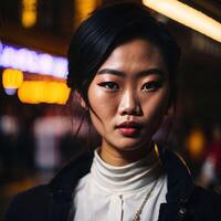 photo of asian woman at street night with light, generative AI