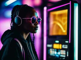 photo of black woman in black hoodie in server data center room with neon light, generative AI