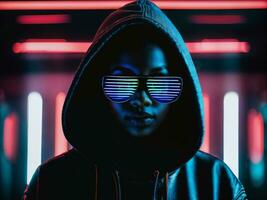 photo of black woman in black hoodie in server data center room with neon light, generative AI