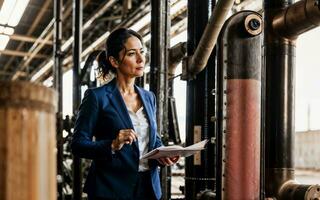 photo of working entrepreneur woman at factory with machine and worker, generative AI