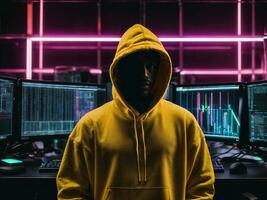 photo of man in black hoodie in server data center room with neon light, generative AI