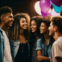 group of happy young teenage at the night party, generative AI photo