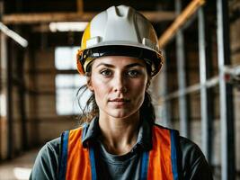 photo of woman as a construction worker with helmet, generative AI