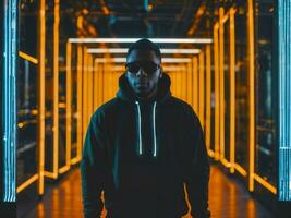 photo of black man in black hoodie in server data center room with neon light, generative AI