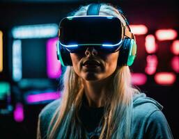 foto de hermosa mujer con vr lentes auriculares jugando vídeo juego, generativo ai