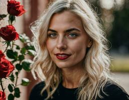 foto de hermosa mujer en rubia pelo color con rojo Rosa fondo, generativo ai