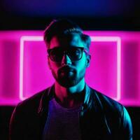 photo of handsome man with with mixed pink and blue neon light, generative AI