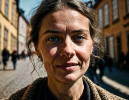 foto de hermosa europeo mujer caminando en calle y edificio retro estilo, generativo ai