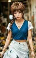 photo of teenage playful asian woman with accessories and mullet hairstyle, generative AI