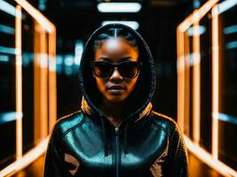 photo of black woman in black hoodie in server data center room with neon light, generative AI