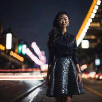 foto de asiático mujer a calle noche con luz, generativo ai