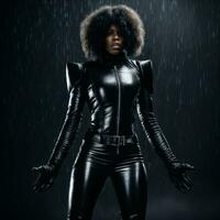 photo of strong african woman with black leather suit in heavy rain night, generative AI