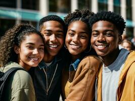 foto de grupo negro Adolescente fresco estudiante a universidad, generativo ai