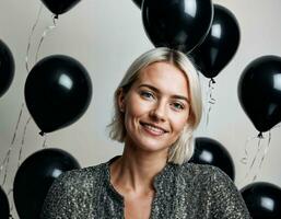 photo of beautiful european woman with blonde hair color in black and white balloons in background, generative AI