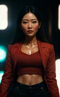 photo of asian woman in jacket outfit with colorful light in background, generative AI