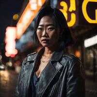 photo of asian woman at street night with light, generative AI