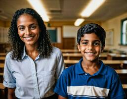 photo of happy teacher and kids at school room, generative AI