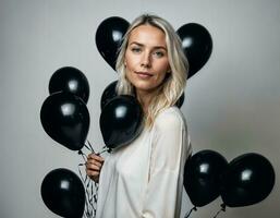 photo of beautiful european woman with blonde hair color in black and white balloons in background, generative AI