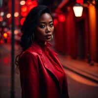 photo of woman in red cloth at street night with light, generative AI