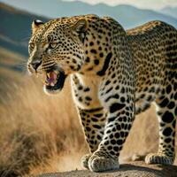 foto de grande leopardo corriendo en el bosque, generativo ai