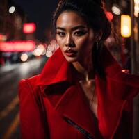 foto de mujer en rojo paño a calle noche con luz, generativo ai