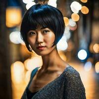 foto de hermosa japonés asiático mujer con corto cabello, generativo ai