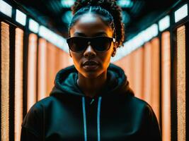 photo of black woman in black hoodie in server data center room with neon light, generative AI