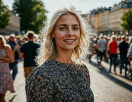 photo of beautiful woman at parade street in Europe country, generative AI