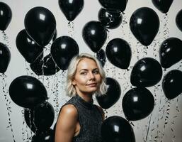 photo of beautiful european woman with blonde hair color in black and white balloons in background, generative AI