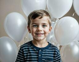 foto Sesión de fotos de niño con globos en blanco fondo, generativo ai