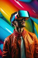 Illustration of a fashion portrait wearing a virtual reality VR headset. AI Generated. photo