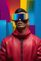 Illustration of a fashion portrait wearing a virtual reality VR headset. AI Generated. photo