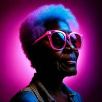 photo of middle aged old African woman with with mixed pink and blue neon light, generative AI