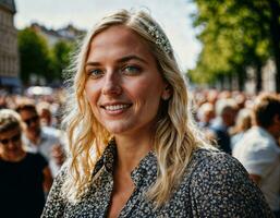 foto de hermosa mujer a desfile calle en Europa país, generativo ai