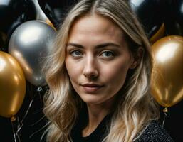 photo of beautiful european woman with blonde hair color in black and white balloons in background, generative AI