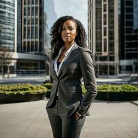 photo of smart african woman with black business suit at big modern city, generative AI