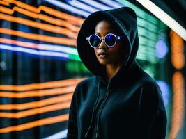 photo of black woman in black hoodie in server data center room with neon light, generative AI