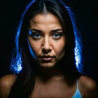 photo of beautiful woman with blue light on black background, generative AI