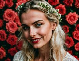 photo of beautiful woman in blonde hair color with red rose background, generative AI