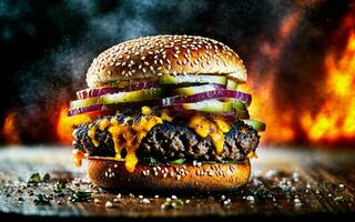 photo close up of big juicy double cheese and beef hamburger on old wooden Board with black background and smoke, generative AI