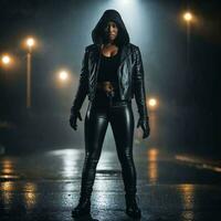 photo of strong african woman with black leather suit in heavy rain night, generative AI