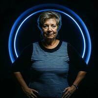 photo of middle aged old woman with blue light on black background, generative AI